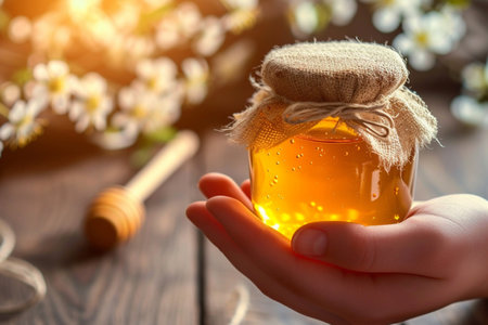 Honey in a jar with a wooden drizzler on a wooden backgroundの素材