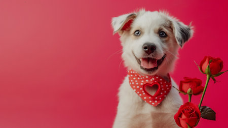 Funny puppy border collie with a red heart on a pink backgroundの素材
