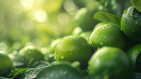 Fresh green limes with dew drops on green leaves background.の素材