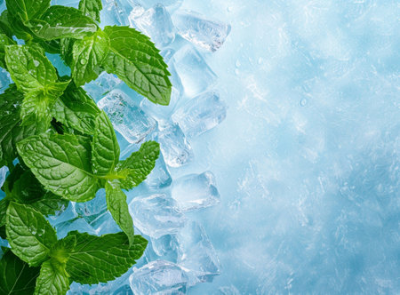 Fresh mint leaves with ice cubes on blue background. top viewの素材