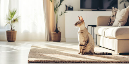 Beautiful sphynx cat sitting on carpet in living roomの素材
