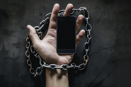 Close up of human hands holding mobile phone with chain on black backgroundの素材