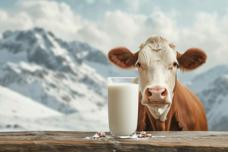 Milk in glass and cow on the background of snowy mountains.の素材