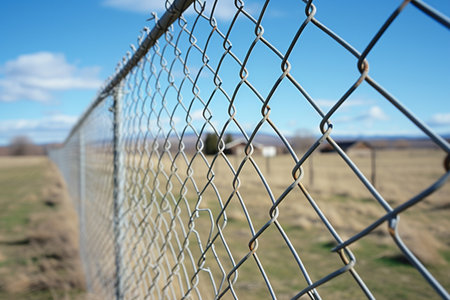 Close up of a chain link fence with blue sky in the backgroundの素材