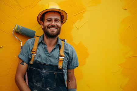 Portrait of a smiling male worker in overalls and hardhat standing near the wall with paint rollerの素材