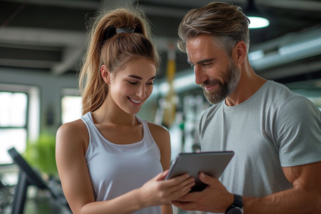 Smiling young couple using digital tablet in fitness center. Man and woman working out in gym.の素材