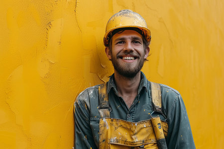 Portrait of a smiling worker with hard hat against yellow wall.の素材