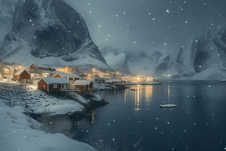 Winter fishing village on Lofoten islands, Norway. Christmas landscape.の素材