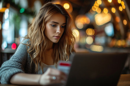 Beautiful young woman sitting in a cafe with a laptop and credit cardの素材