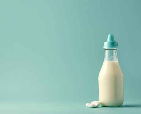 Bottle of milk with pills on mint background. Copy space.の素材