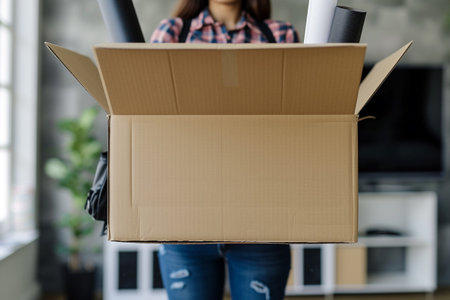 Close-up of a woman with a cardboard box in her handsの素材
