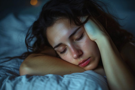 Close up portrait of a young beautiful woman sleeping in bed at nightの素材