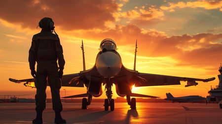 Silhouette of a military pilot with a jet fighter at sunsetの素材
