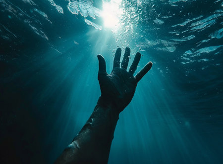 Underwater view of a man reaching out towards the sun with his hand outstretchedの素材
