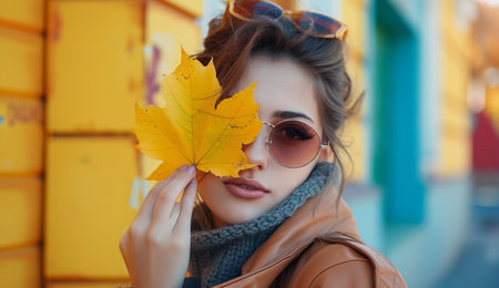 Beautiful young woman in brown coat and sunglasses with yellow maple leaves.の素材