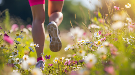 Runner athlete running on beautiful flower meadow. woman fitness jogging workout wellness concept.の素材
