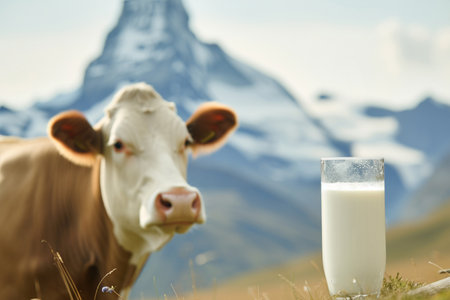 Milk in a glass and cow on the background of Matterhornの素材