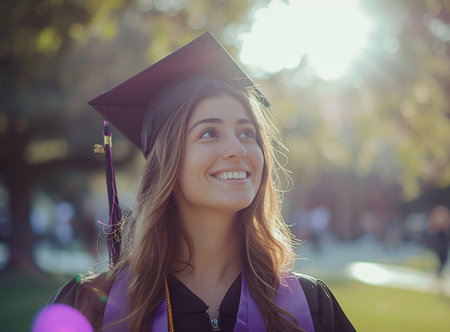 Portrait of a happy female graduate with cap and gown looking upの素材