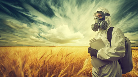 Man in hazmat suit and gas mask standing on wheat field and looking at cameraの素材