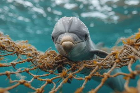 Close-up of a cute white dolphin with a net in the waterの素材