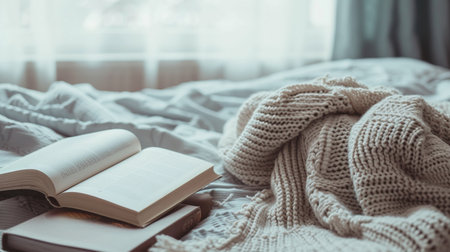 Cozy knitted plaid and book on the bed in the morning.の素材