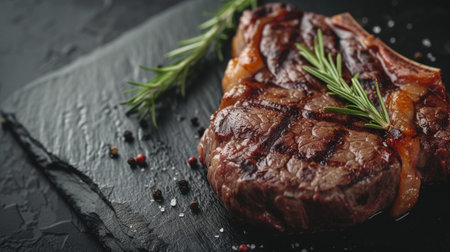Grilled beef steak with rosemary and spices on a black background.の素材