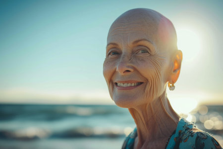 Portrait of smiling senior woman looking at camera on beach at sunsetの素材