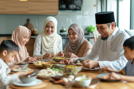 muslim family having a meal together at home during Eid Mubarak celebrationの素材