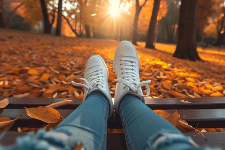 Female legs in white sneakers sitting on a bench in the autumn parkの素材