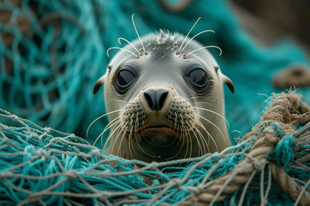 Funny baby sea lion on a fishing net. close upの素材