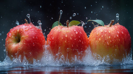 Fresh red apples with water splash on dark background. Shallow DOFの素材