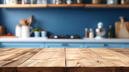 Empty wooden table in front of blurred kitchen background. Mock up for designの素材