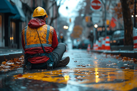 Worker sitting on the sidewalk in the rain with yellow leaves.の素材