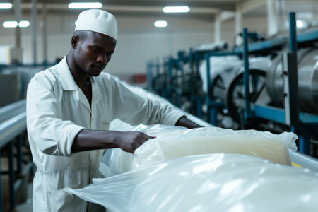 Portrait of confident african american worker working with packaging in factoryの素材