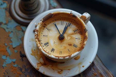Coffee cup with old clock on the table, vintage toneの素材