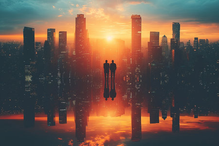 Businessman and cityscape at sunset. Business concept. Double exposureの素材