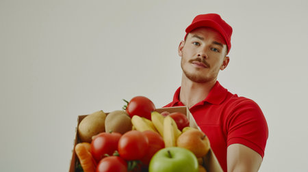 delivery man in red uniform holding package with fresh fruits and vegetablesの素材