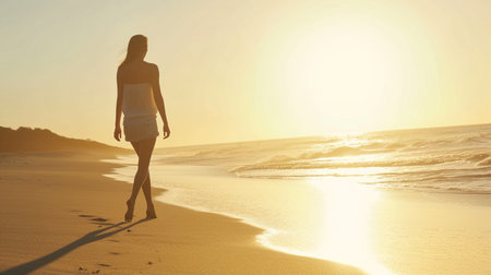 Young woman walking on the beach at sunset. Concept of active life.の素材