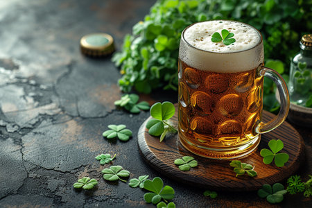 Mug of beer with foam and clover leaves on dark backgroundの素材
