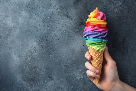 Female hand holding colorful ice cream cone on dark background with copy spaceの素材