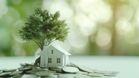 Miniature house with tree and coins on green bokeh background.の素材