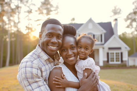 Portrait of a happy African American family in front of their new houseの素材