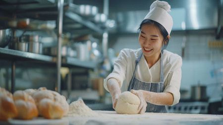 young asian woman chef kneading dough with flour in kitchenの素材