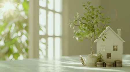 3d render of house with green plant on white table with sunlightの素材