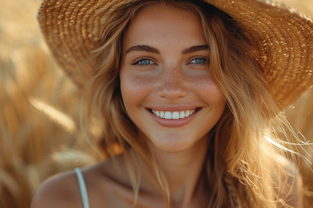 Close up portrait of beautiful young woman in straw hat on wheat fieldの素材