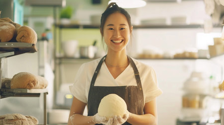 Beautiful asian woman in apron kneading dough in bakeryの素材