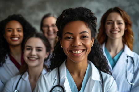 Portrait of smiling african american female doctor with colleagues in backgroundの素材