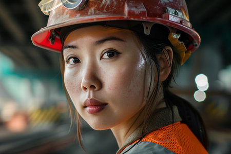 Portrait of asian woman worker wearing safety helmet in factory.の素材