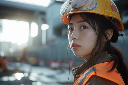 portrait of young asian woman construction worker wearing safety helmet.の素材