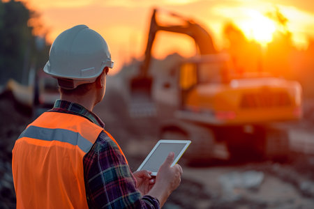 Engineer using digital tablet on construction site at sunset or sunrise.の素材